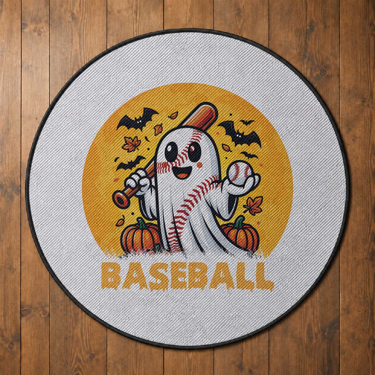 Funny Halloween Baseball Round Rug Cute Boo Playing Ball Gift