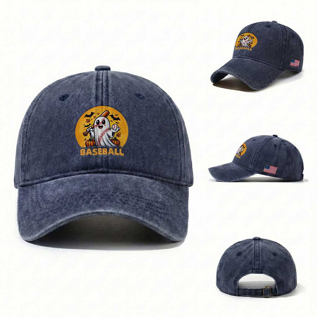 Funny Halloween Baseball Washed Cotton Baseball Cap Cute Boo Playing Ball Gift TS12 Washed Cap Universal Fit Navy Print Your Wear