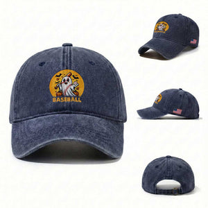 Funny Halloween Baseball Washed Cotton Baseball Cap Cute Boo Playing Ball Gift TS12 Washed Cap Universal Fit Navy Print Your Wear