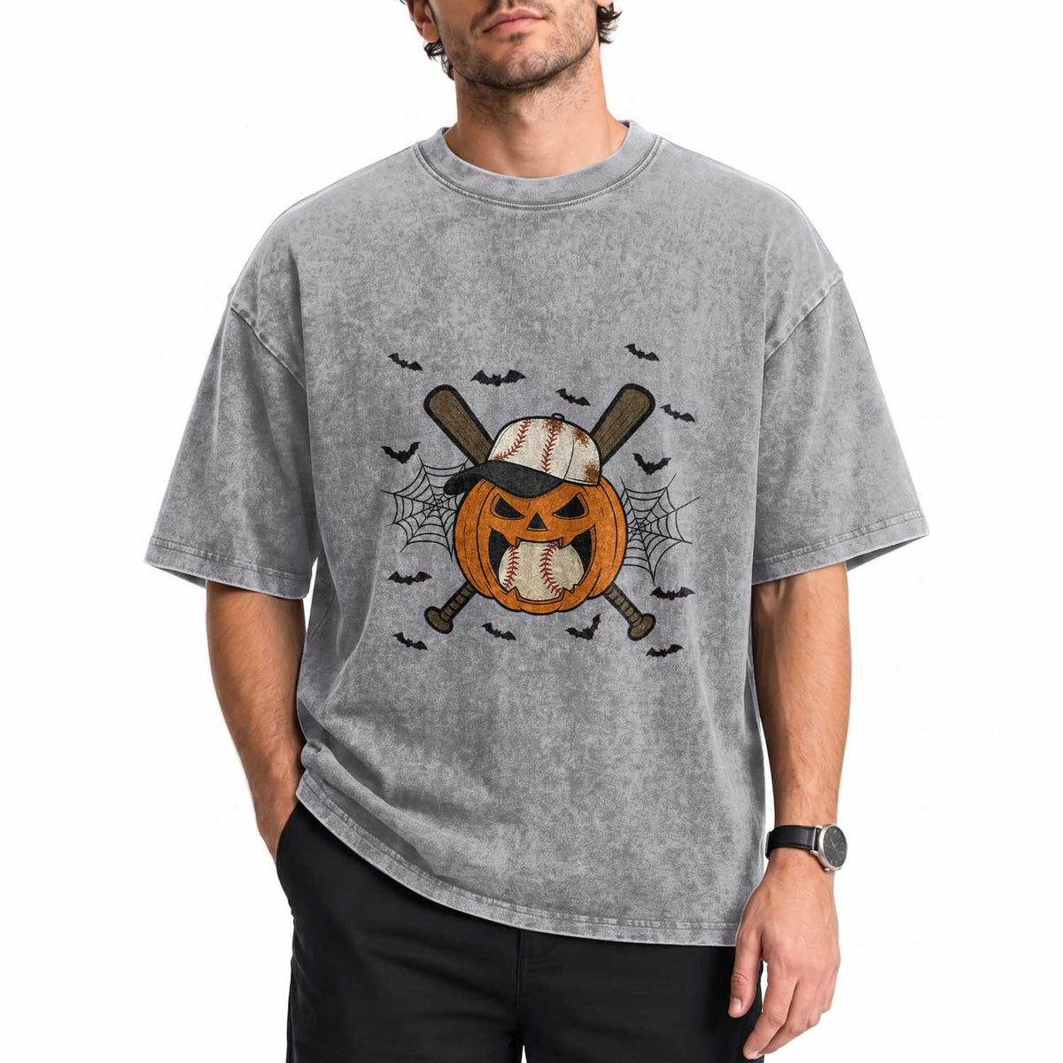 Creepy Jack O Lantern Baseball Washed Cotton T-Shirt Halloween Gift