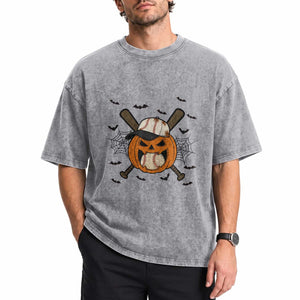Creepy Jack O Lantern Baseball Washed Cotton T-Shirt Halloween Gift