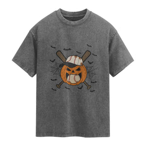Creepy Jack O Lantern Baseball Washed Cotton T-Shirt Halloween Gift