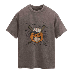 Creepy Jack O Lantern Baseball Washed Cotton T-Shirt Halloween Gift