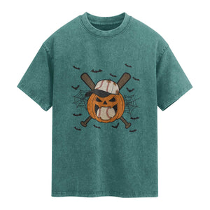 Creepy Jack O Lantern Baseball Washed Cotton T-Shirt Halloween Gift