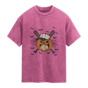 Creepy Jack O Lantern Baseball Washed Cotton T-Shirt Halloween Gift
