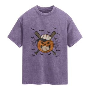 Creepy Jack O Lantern Baseball Washed Cotton T-Shirt Halloween Gift