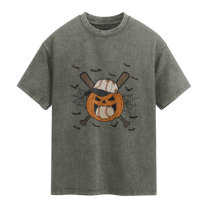 Creepy Jack O Lantern Baseball Washed Cotton T-Shirt Halloween Gift