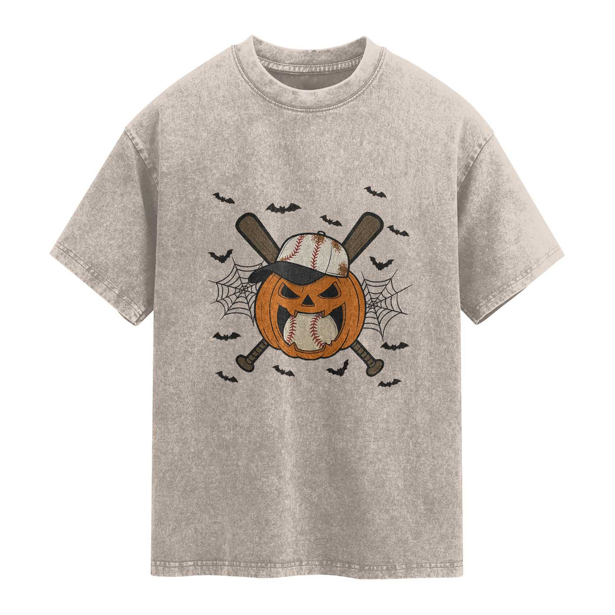 Creepy Jack O Lantern Baseball Washed Cotton T-Shirt Halloween Gift