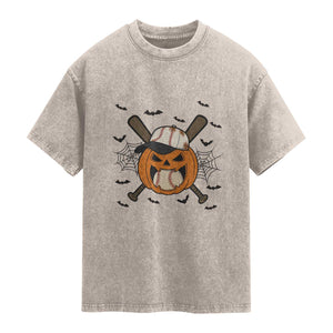 Creepy Jack O Lantern Baseball Washed Cotton T-Shirt Halloween Gift