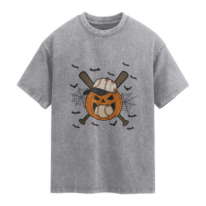 Creepy Jack O Lantern Baseball Washed Cotton T-Shirt Halloween Gift