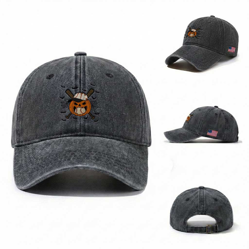 Creepy Jack O Lantern Baseball Washed Cotton Baseball Cap Halloween Gift TS12 Washed Cap Universal Fit Dark Gray Print Your Wear