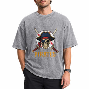 Pirates Baseball Washed Cotton T-Shirt Skeleton Sport Lover Gift