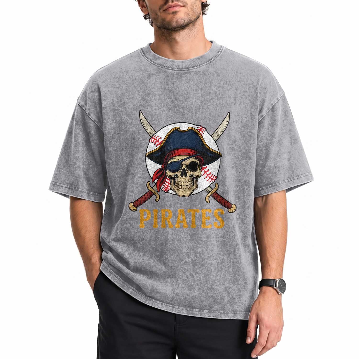 Pirates Baseball Washed Cotton T-Shirt Skeleton Sport Lover Gift