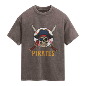 Pirates Baseball Washed Cotton T-Shirt Skeleton Sport Lover Gift