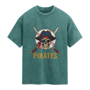 Pirates Baseball Washed Cotton T-Shirt Skeleton Sport Lover Gift