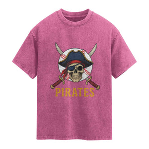 Pirates Baseball Washed Cotton T-Shirt Skeleton Sport Lover Gift