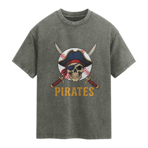 Pirates Baseball Washed Cotton T-Shirt Skeleton Sport Lover Gift
