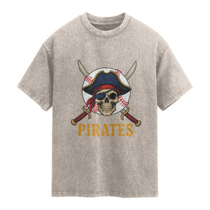 Pirates Baseball Washed Cotton T-Shirt Skeleton Sport Lover Gift