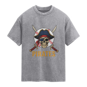 Pirates Baseball Washed Cotton T-Shirt Skeleton Sport Lover Gift