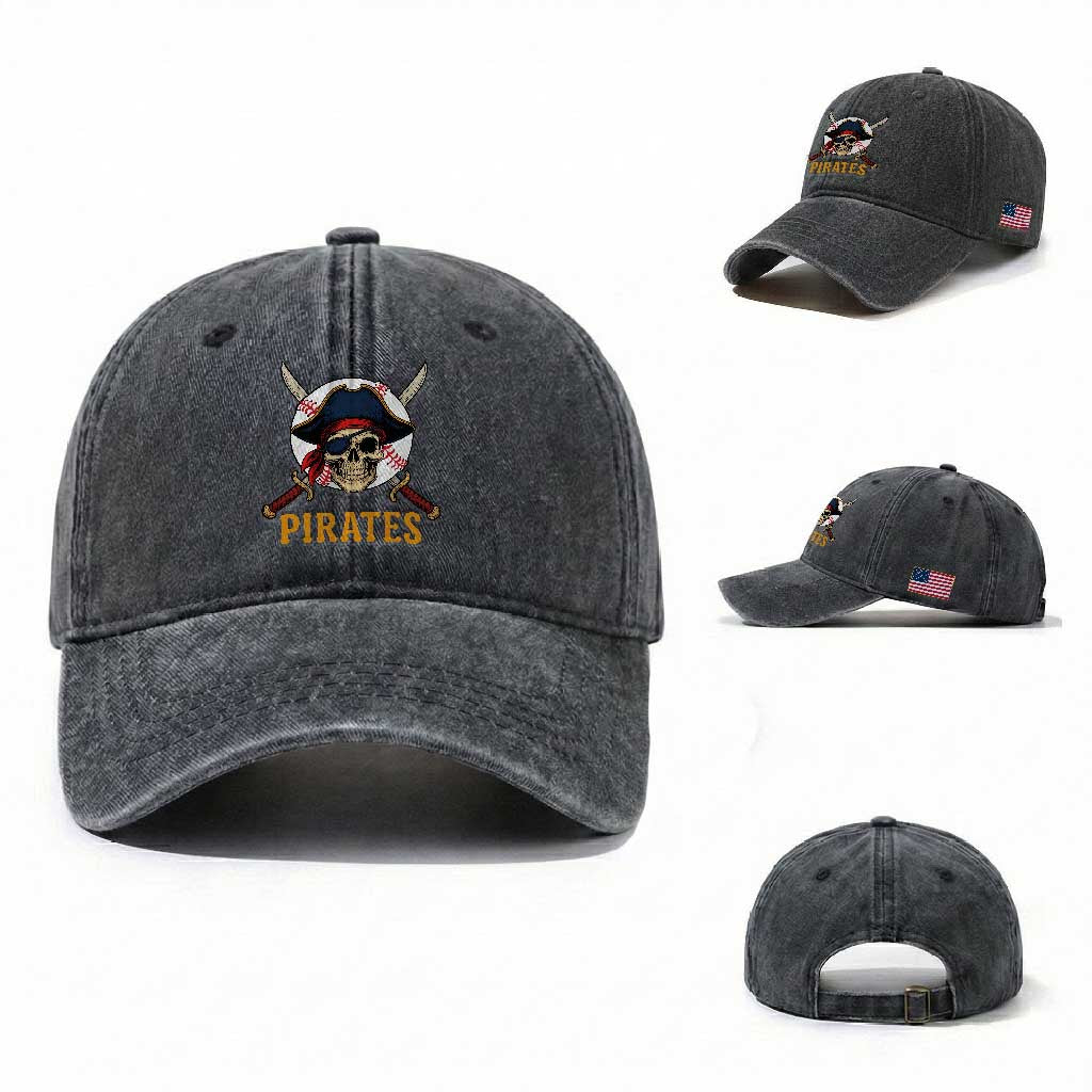 Pirates Baseball Washed Cotton Baseball Cap Skeleton Sport Lover Gift TS12 Washed Cap Universal Fit Dark Gray Print Your Wear