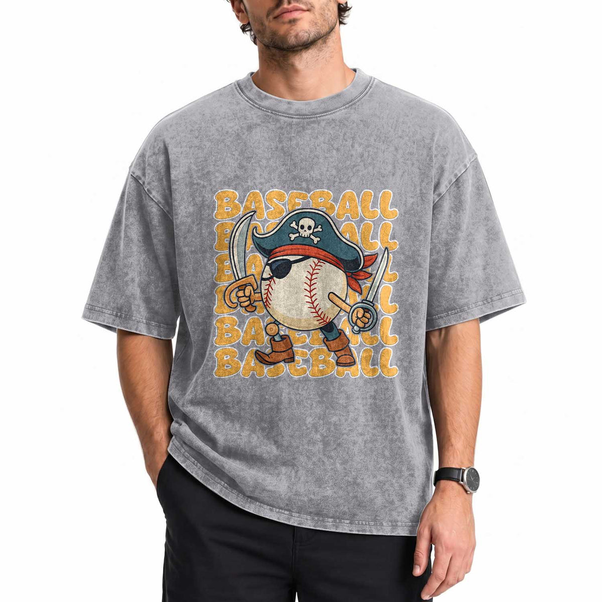Funny Pirate Baseball Washed Cotton T-Shirt Sport Lover Gift