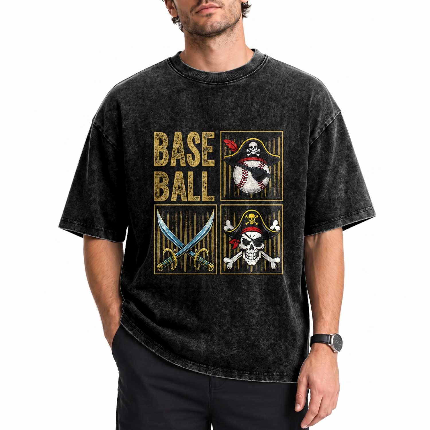 Funny Pirate Skeleton Baseball Washed Cotton T-Shirt Sports Lover Gifts