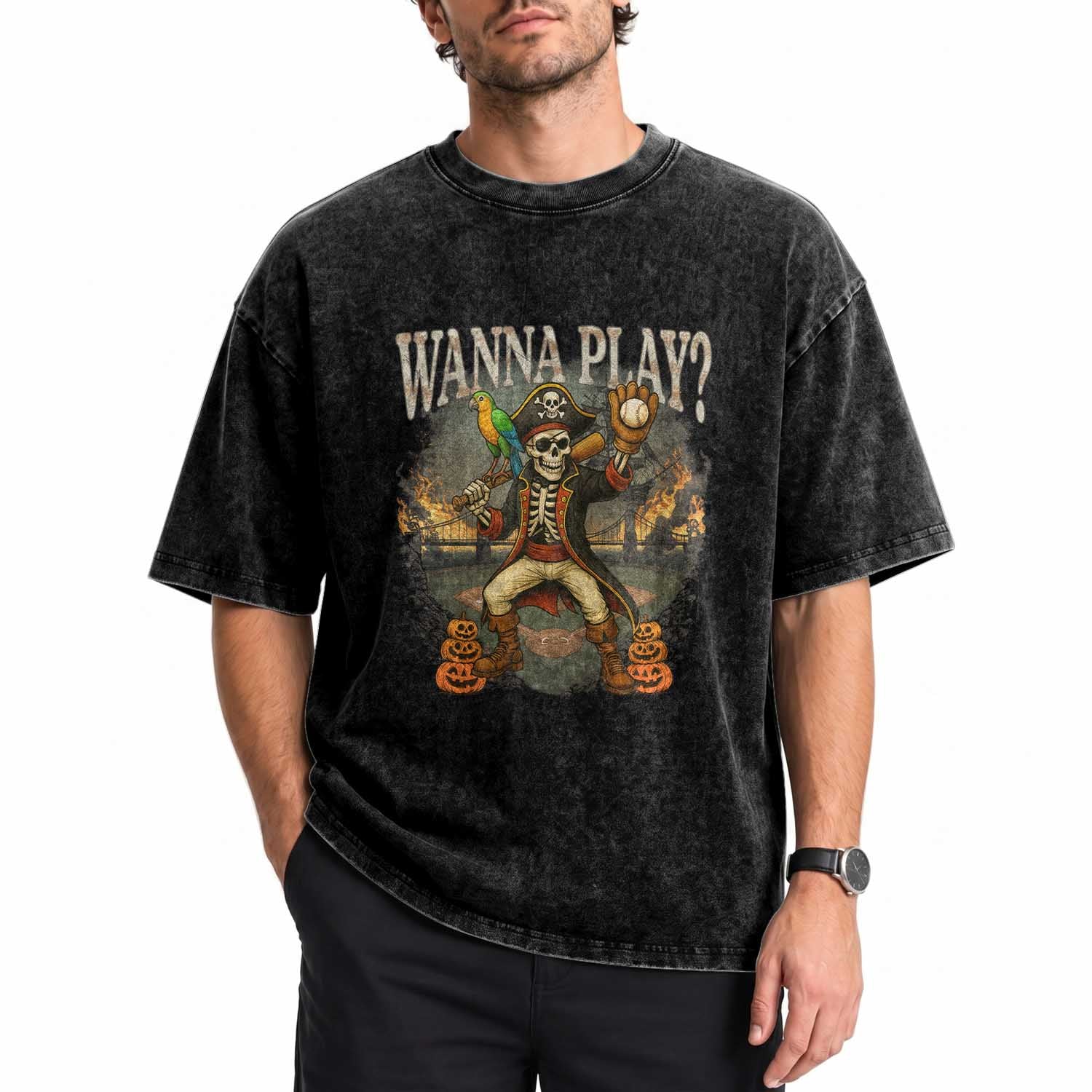 Halloween Baseball Washed Cotton T-Shirt Funny Wanna Play Dabbing Pirate Skeleton Catcher