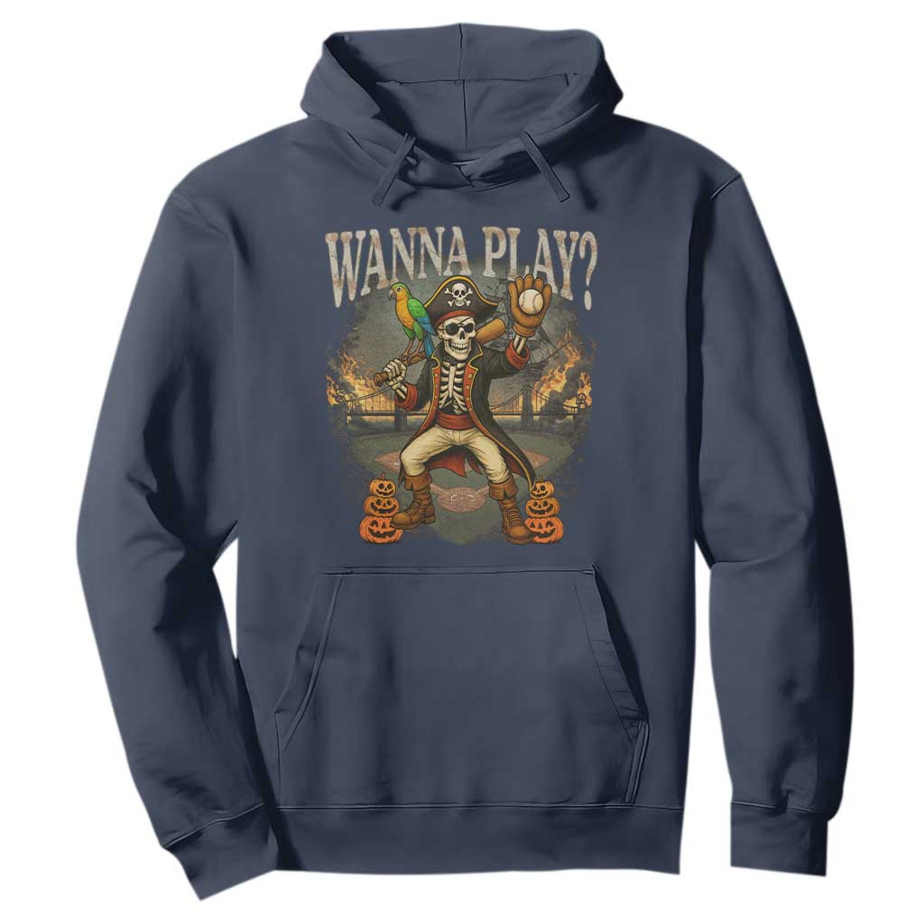 Halloween Baseball Hoodie Funny Wanna Play Dabbing Pirate Skeleton Catcher TS12 Navy Print Your Wear