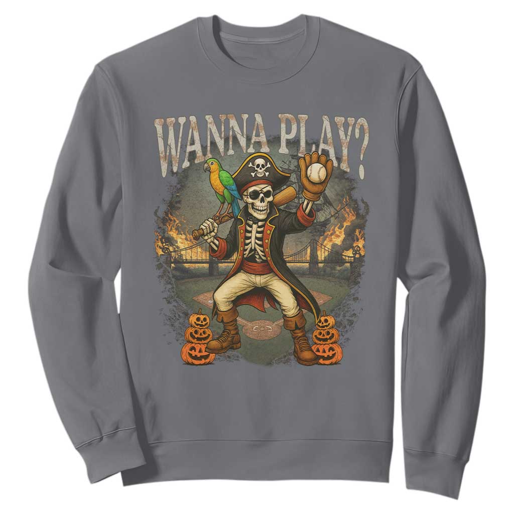 Halloween Baseball Sweatshirt Funny Wanna Play Dabbing Pirate Skeleton Catcher TS12 Charcoal Print Your Wear
