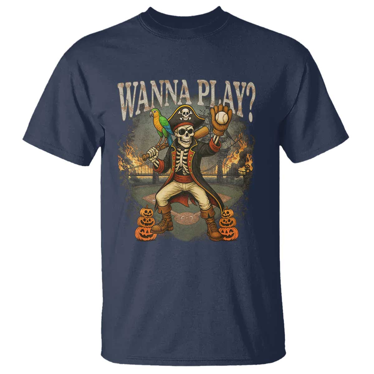 Halloween Baseball T Shirt Funny Wanna Play Dabbing Pirate Skeleton Catcher TS12 Navy Print Your Wear
