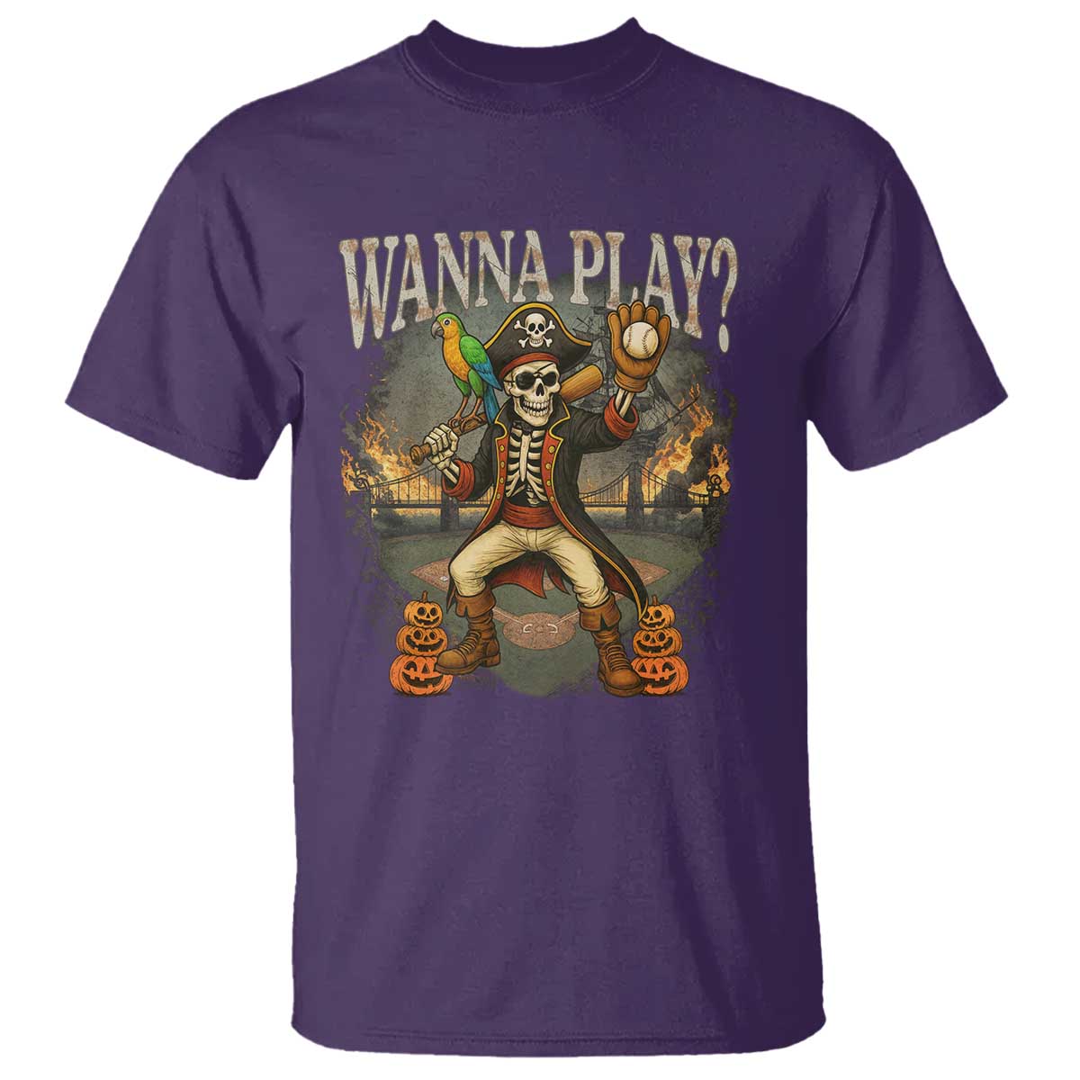 Halloween Baseball T Shirt Funny Wanna Play Dabbing Pirate Skeleton Catcher TS12 Purple Print Your Wear