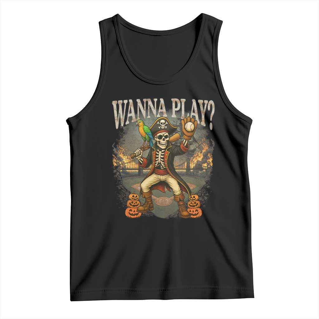 Halloween Baseball Tank Top Funny Wanna Play Dabbing Pirate Skeleton Catcher TS12 Black Print Your Wear