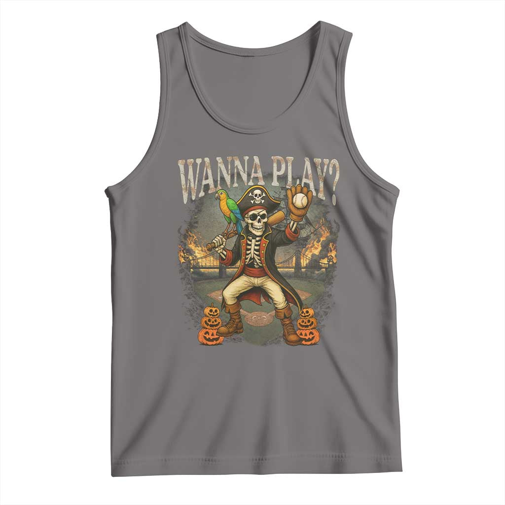 Halloween Baseball Tank Top Funny Wanna Play Dabbing Pirate Skeleton Catcher TS12 Deep Heather Print Your Wear