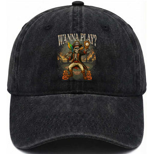Halloween Baseball Washed Cotton Baseball Cap Funny Wanna Play Dabbing Pirate Skeleton Catcher TS12 Washed Cap Universal Fit Black Print Your Wear