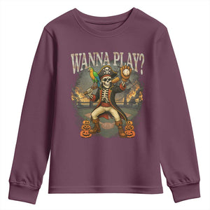 Halloween Baseball Youth Sweatshirt Funny Wanna Play Dabbing Pirate Skeleton Catcher TS12 Maroon Print Your Wear