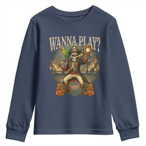 Halloween Baseball Youth Sweatshirt Funny Wanna Play Dabbing Pirate Skeleton Catcher TS12 Navy Print Your Wear