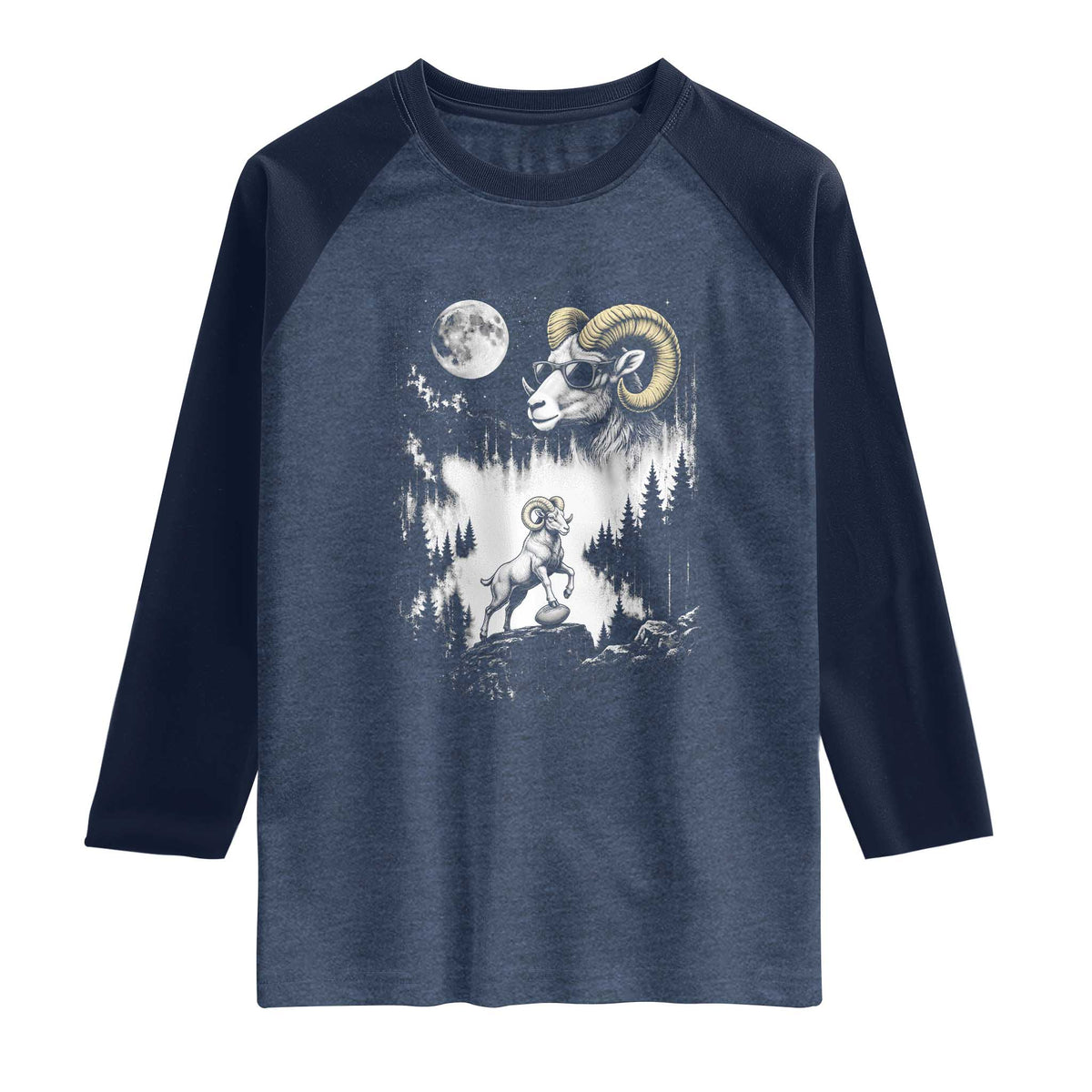 Cool Ram Wearing Sunglasses Moon Nature Vintage Graphic Raglan Shirt TS12 Heather Denim Navy Print Your Wear