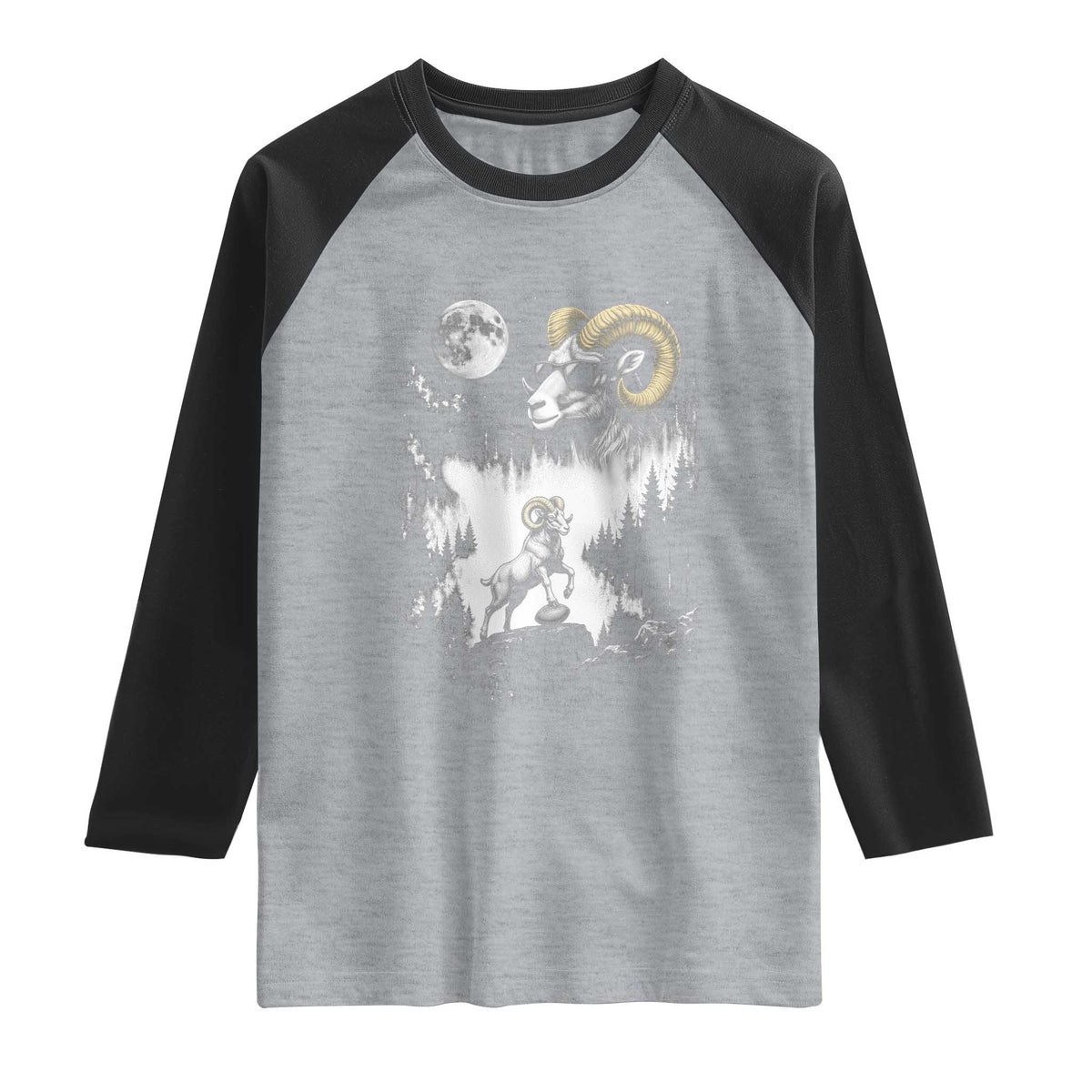 Cool Ram Wearing Sunglasses Moon Nature Vintage Graphic Raglan Shirt TS12 Heather Gray Black Print Your Wear