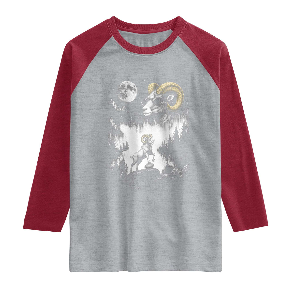 Cool Ram Wearing Sunglasses Moon Nature Vintage Graphic Raglan Shirt TS12 Heather Gray Heather Red Print Your Wear