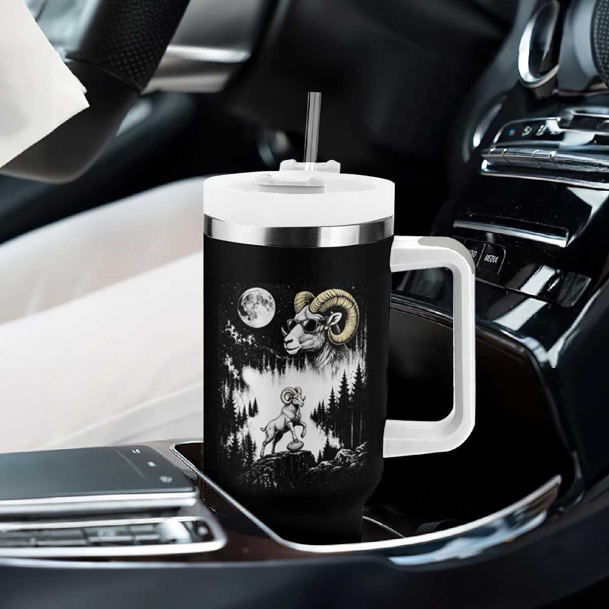 Cool Ram Wearing Sunglasses Moon Nature Vintage Graphic Tumbler With Handle TS12 Print Your Wear