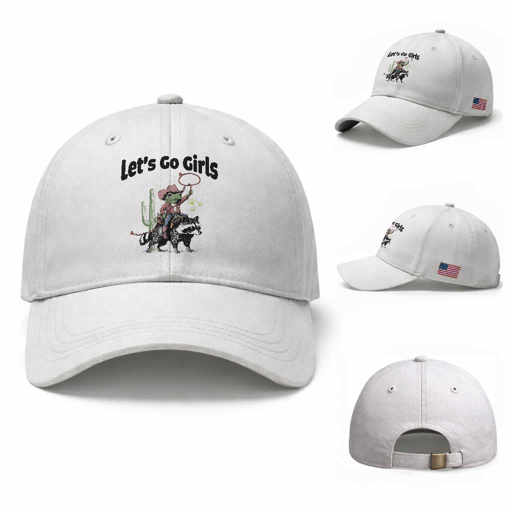 Cowboy Frog Riding Raccoon Baseball Cap Let's Go Girls TS12 Baseball Cap Universal Fit White Print Your Wear