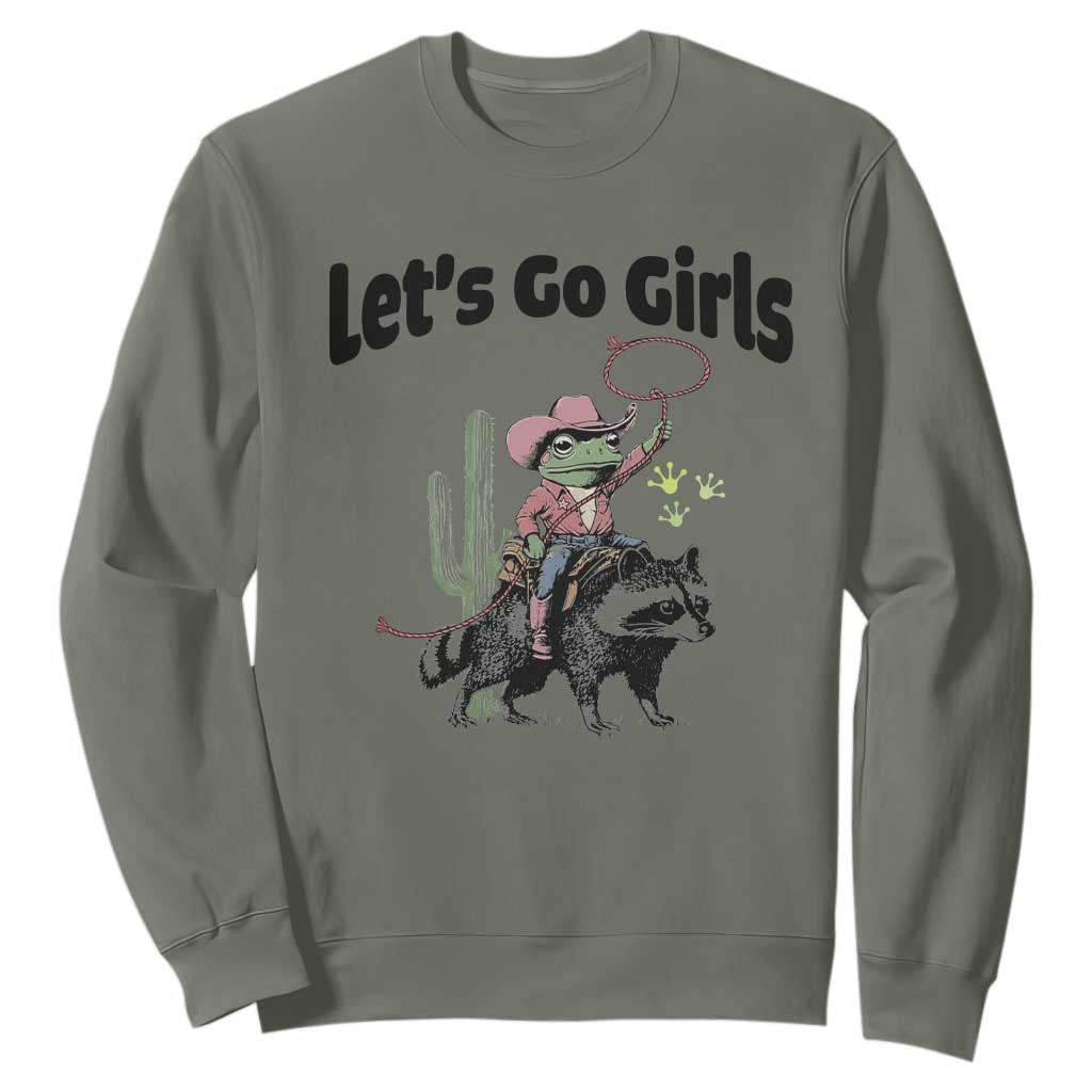 Cowboy Frog Riding Raccoon Sweatshirt Let's Go Girls TS12 Military Green Print Your Wear