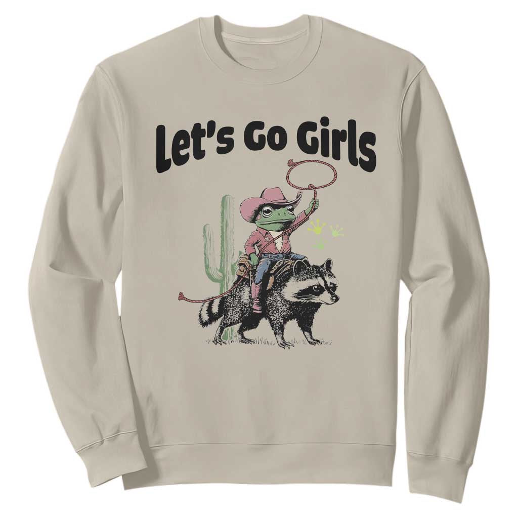 Cowboy Frog Riding Raccoon Sweatshirt Let's Go Girls TS12 Sand Print Your Wear
