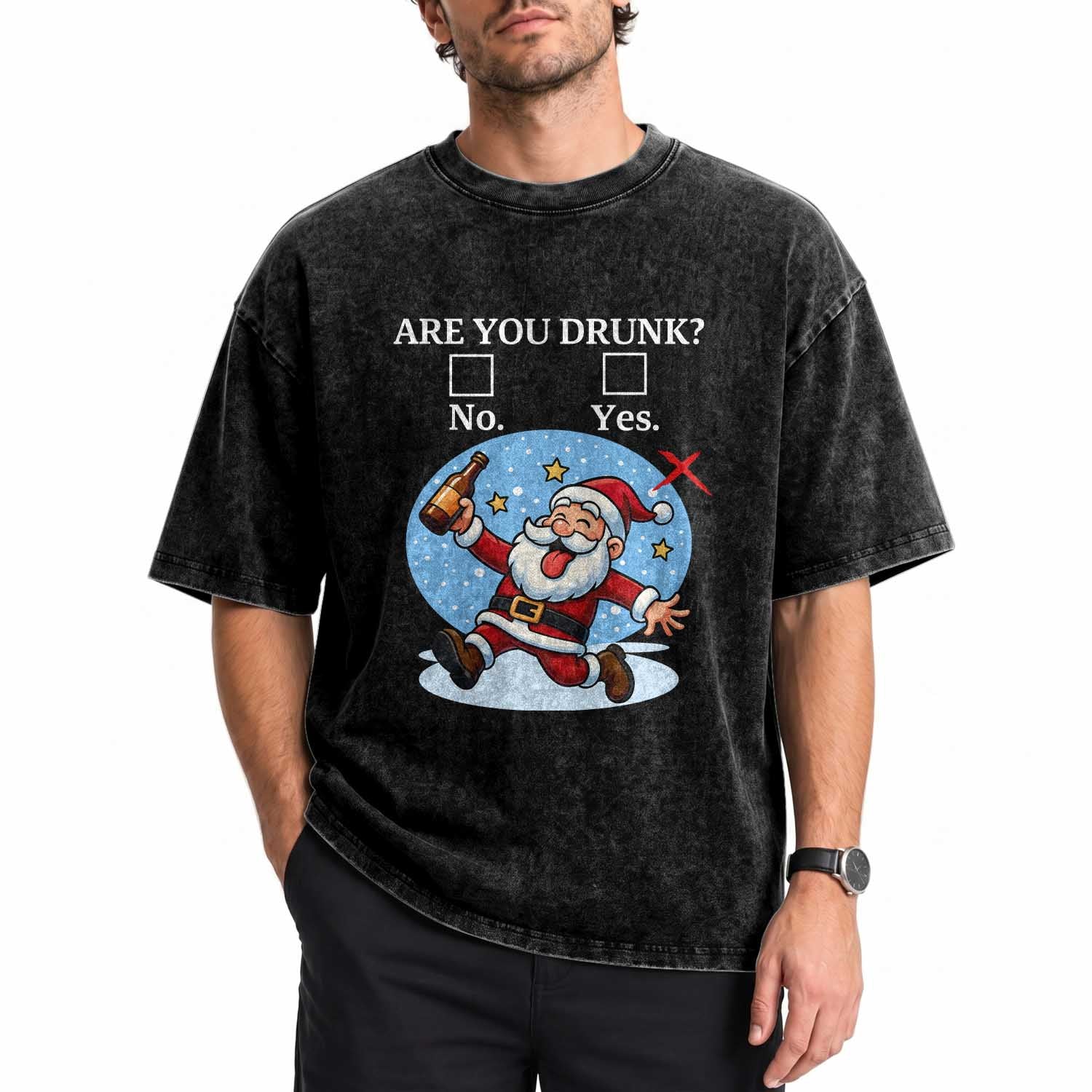 Funny Christmas Drinking Washed Cotton T-Shirt Are you Drunk Santa
