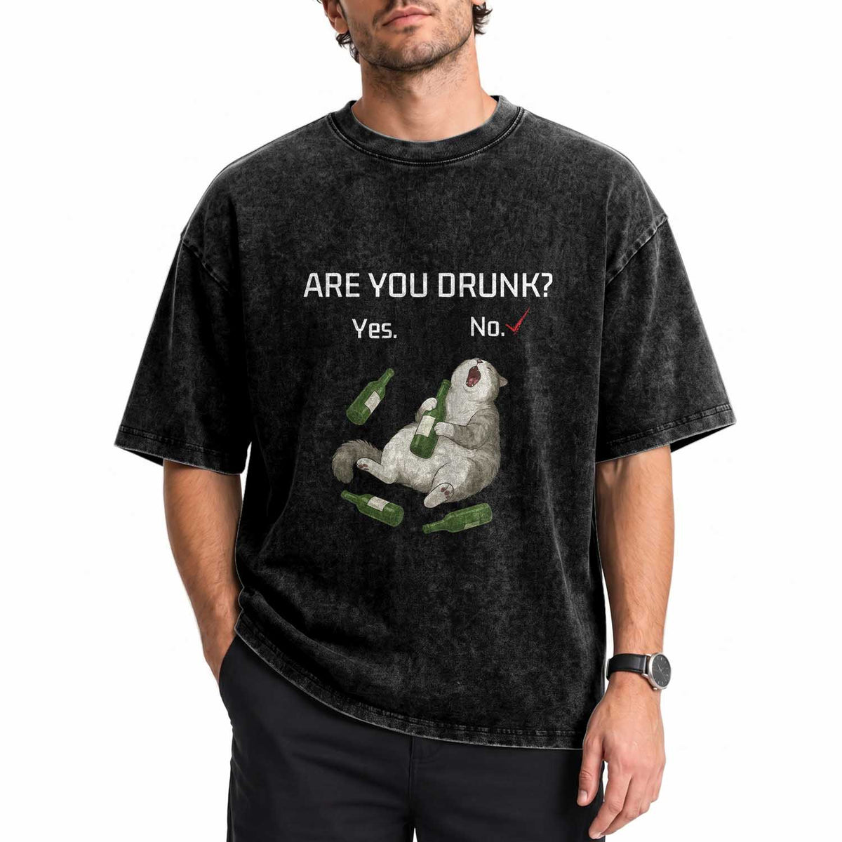 Cat Lover Humor Washed Cotton T-Shirt Are You Drunk Funny Beer Gift