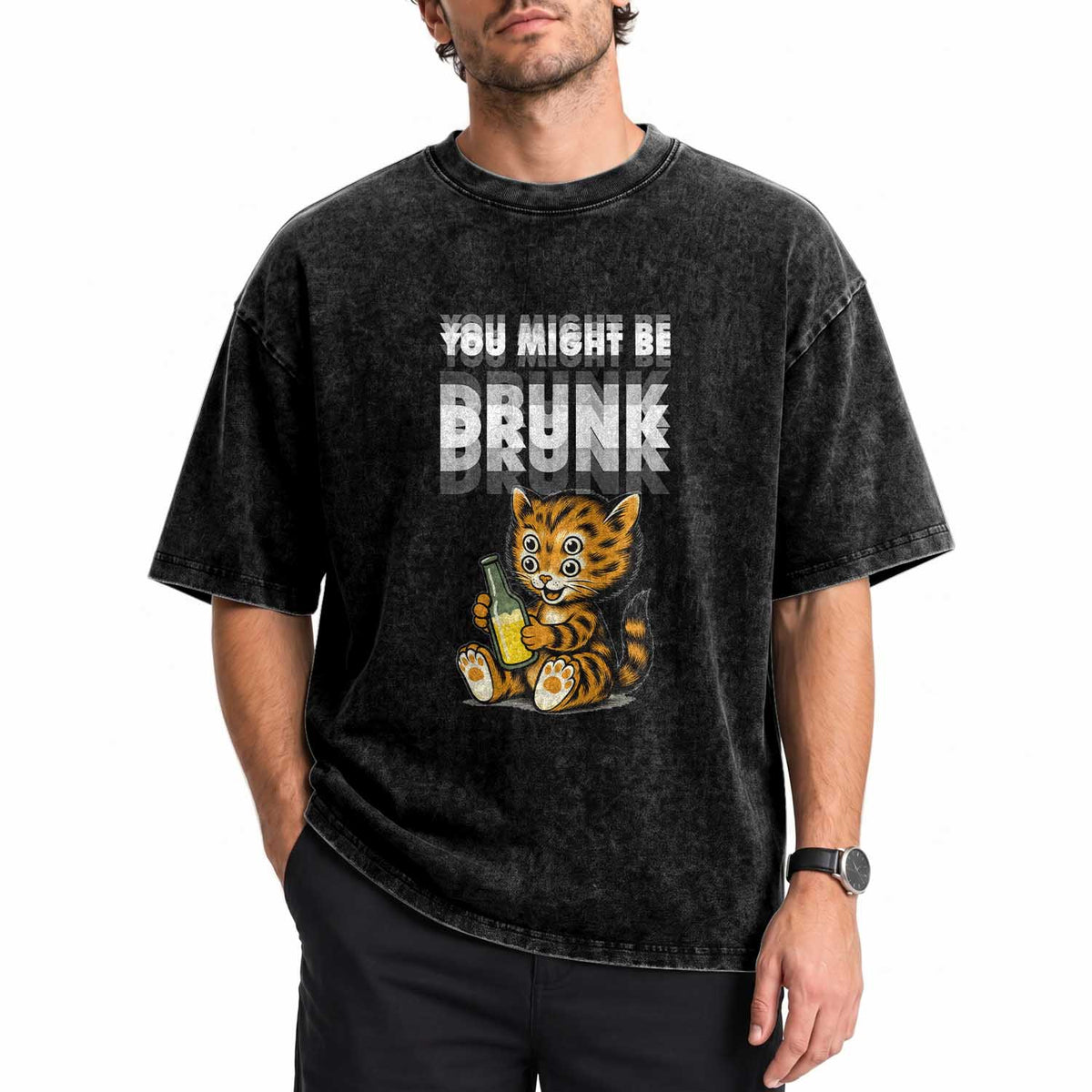 Funny Cat Drinking Beer Washed Cotton T-Shirt You Might Be Drunk