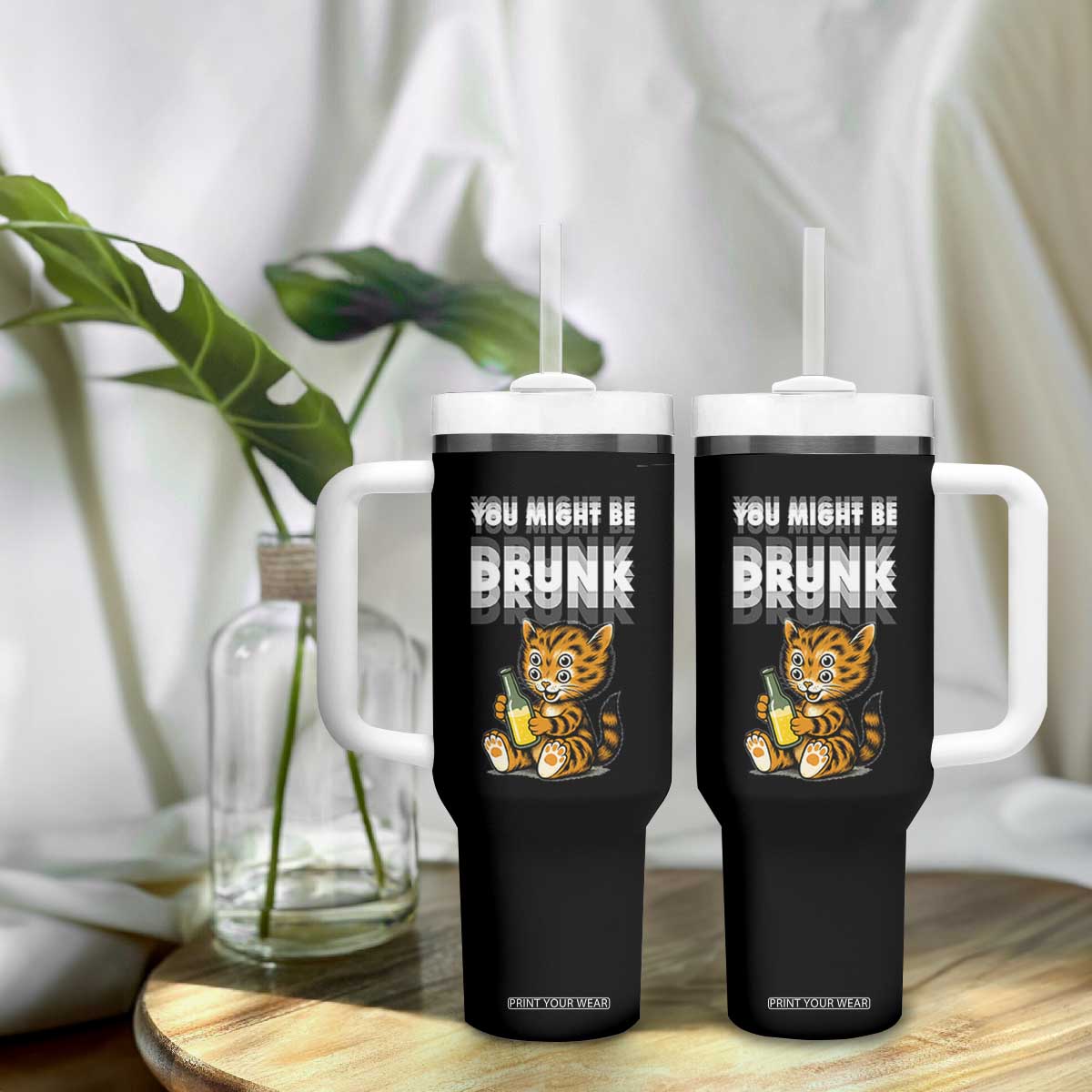 Funny Cat Drinking Beer Tumbler With Handle You Might Be Drunk TS12 Print Your Wear