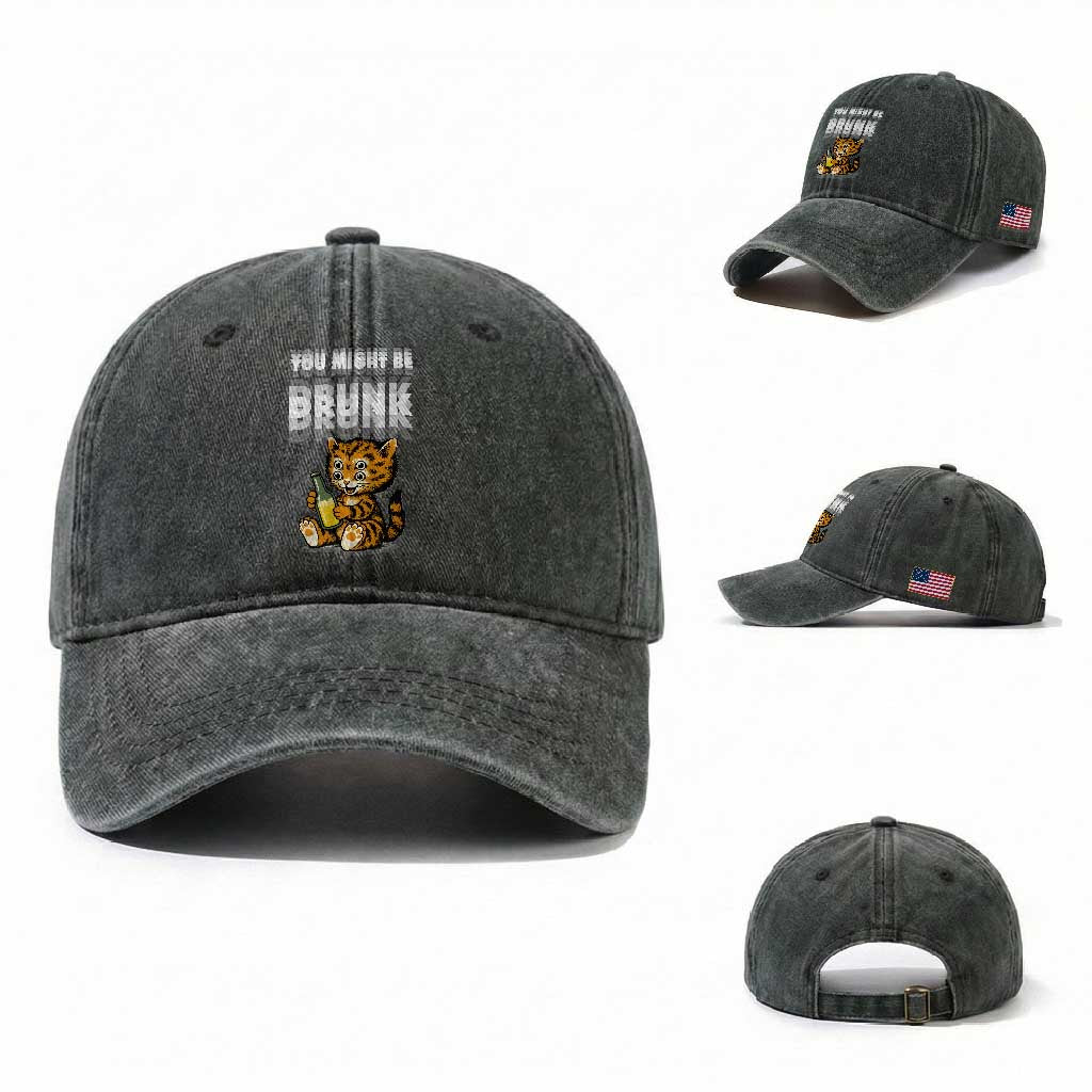 Funny Cat Drinking Beer Washed Cotton Baseball Cap You Might Be Drunk TS12 Washed Cap Universal Fit Dark Green Print Your Wear