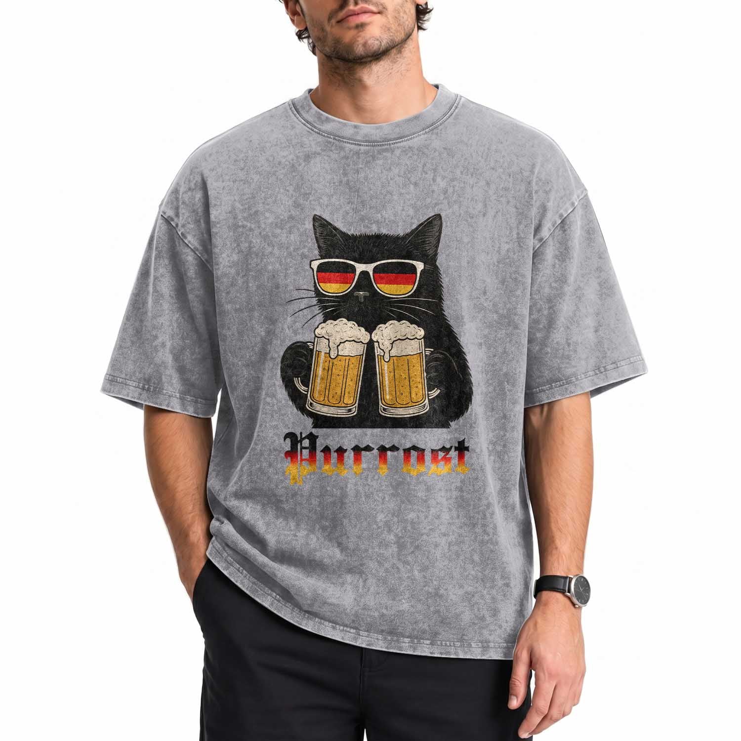 Oktoberfest Prost Cat Drinking Washed Cotton T-Shirt Funny Purrost German Beer Gift