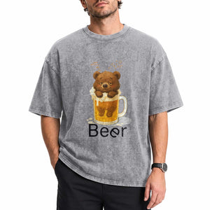Funny Drinking Lover Washed Cotton T-Shirt Bear In Beer Glass